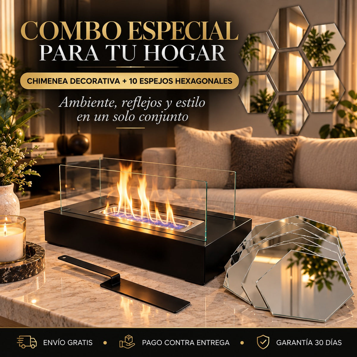 CHIMENEA + 10 ESPEJOS HEXAGONALES